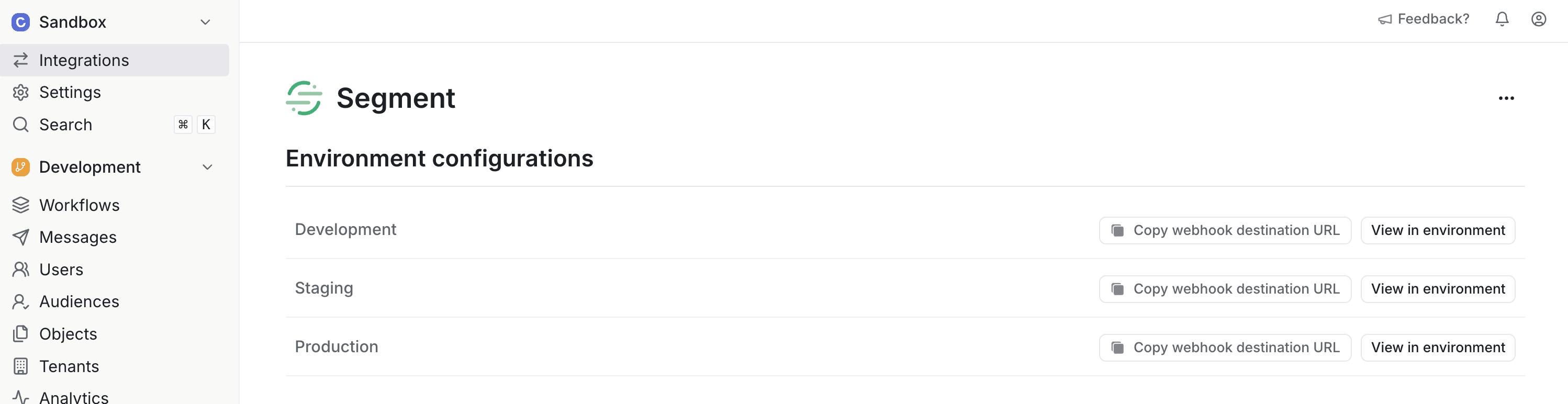 A view of the environment configurations for a source in a Knock account